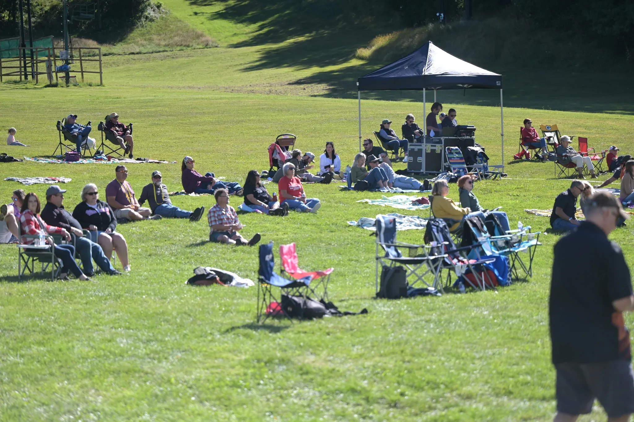 Guests enjoying music on picnic blankets